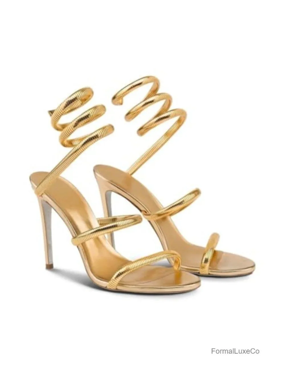 Gold Spiral Stiletto Heeled Sandals, High Heels with Lace Up Straps, Women's